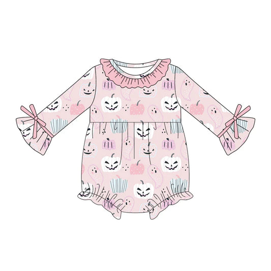 Preorder (moq 5)Baby Girls Pink Long Sleeves Ghosts Pumpkins Ruffle Rompers 5.17