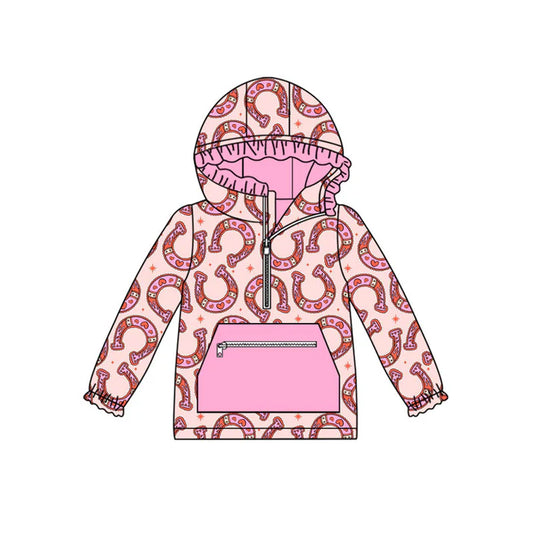 Preorder (moq 8)Baby Girls Pink Horse Shoes Hearts Pocket Zipper Ruffle Hoodies Top 9.18