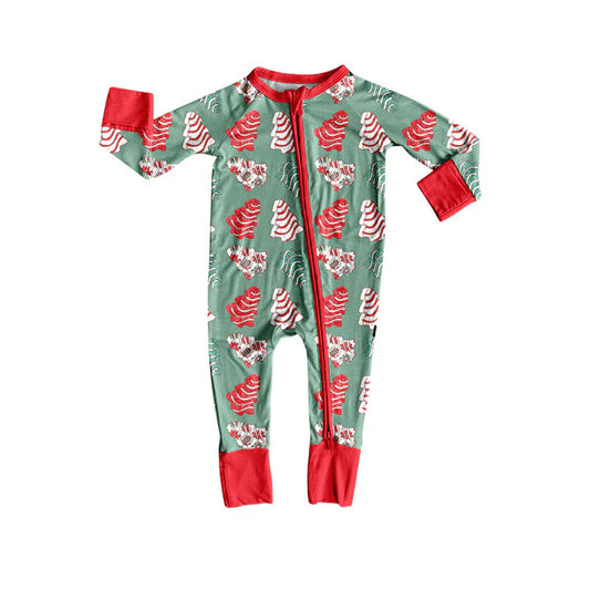 Preorder (moq 5)Baby Boys Green Red Stripe Trees Christmas Zipper Footie Rompers 9.4
