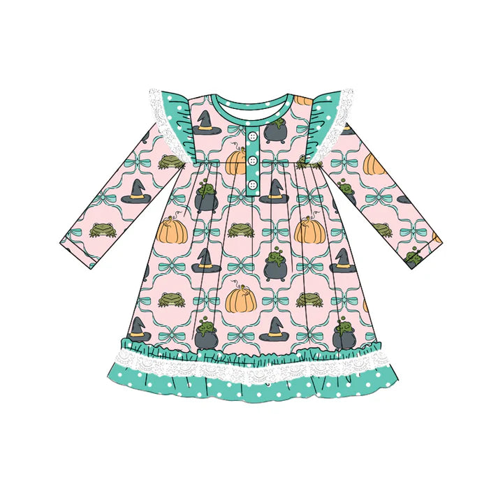 Preorder (moq 5)Baby Girls Long Sleeves Bows Pumpkins Plaid Ruffle Button Knee Length Dresses