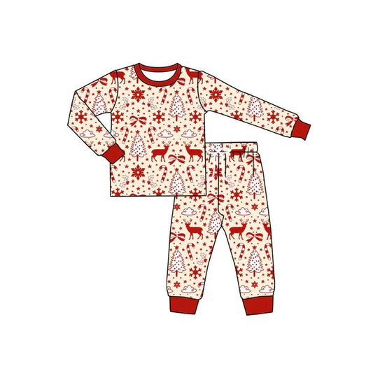 Preorder (moq 5)Baby Girls Long Sleeves Red Snowflake Deer Candy Cane Top Pant Pajamas Set 5.19
