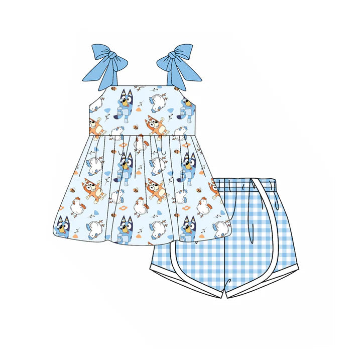 Preorder moq 5 Baby Girls Blue Strap Cartoon Dogs Tunic Plaid Short Set 4.15