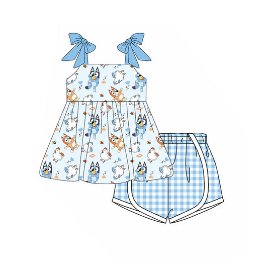 Preorder moq 5 Baby Girls Blue Strap Cartoon Dogs Tunic Plaid Short Set 4.15