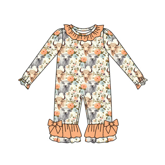 Preorder(moq 5)Baby Infant Girls Highland Cows Flowers Ruffle Pant Rompers 7.30