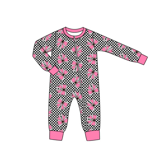 Preorder (moq 5)Baby Girls Long Sleeves Black Plaid Pink Bows Zipper Romper 7.2