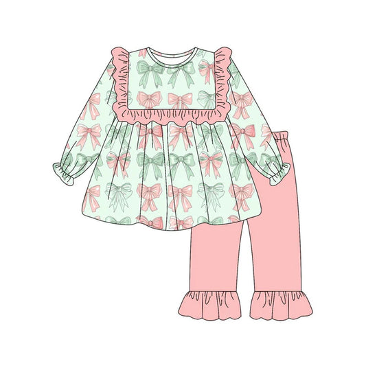 Preorder(moq 8)Baby Girls Pink Green Bows Stripe Tunic Ruffle Pants Clothes Sets 9.26