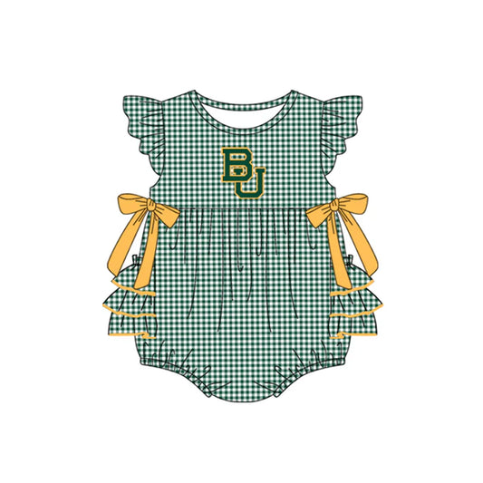 Preorder moq 5 Baby Girls Green Plaid Flutter Sleeves Bows BU Team Rompers 7.10