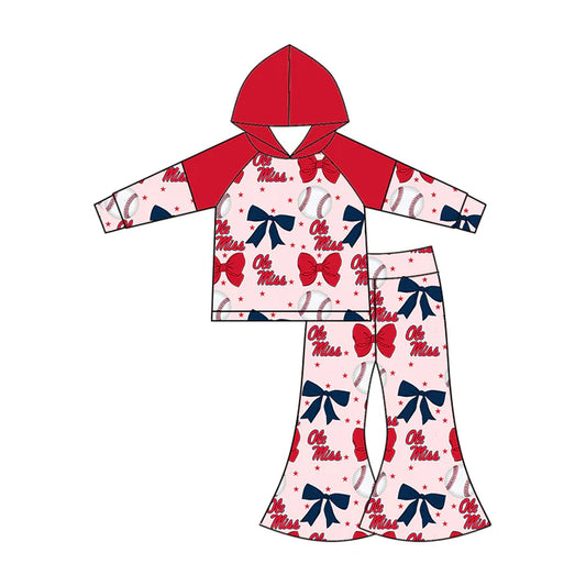 Preorder (moq 5)Baby Girls Long Sleeves Baseballs Bows Ole Miss Hoodie Top Bell Bottom Pant Team Set 6.16