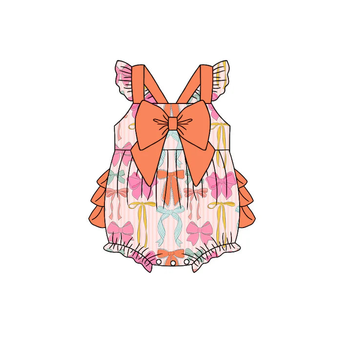 Preorder moq 5 Baby Girls Flutter Sleeves Colorful Bows Ruffle Rompers 4.17