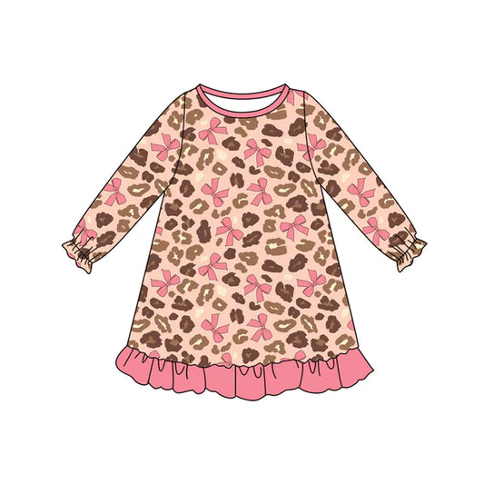 Preorder (moq 5)Baby Girls Long Ruffle Sleeves Pink Bows Leopard Knee Length Dresses 6.12