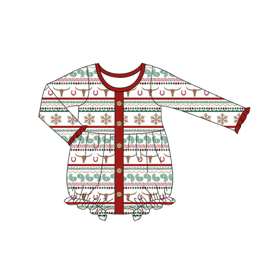 Preorder (moq 5)Baby Girls Long Sleeves Red Bull Skull Aztec Stripe Button Ruffle Romper 7.3