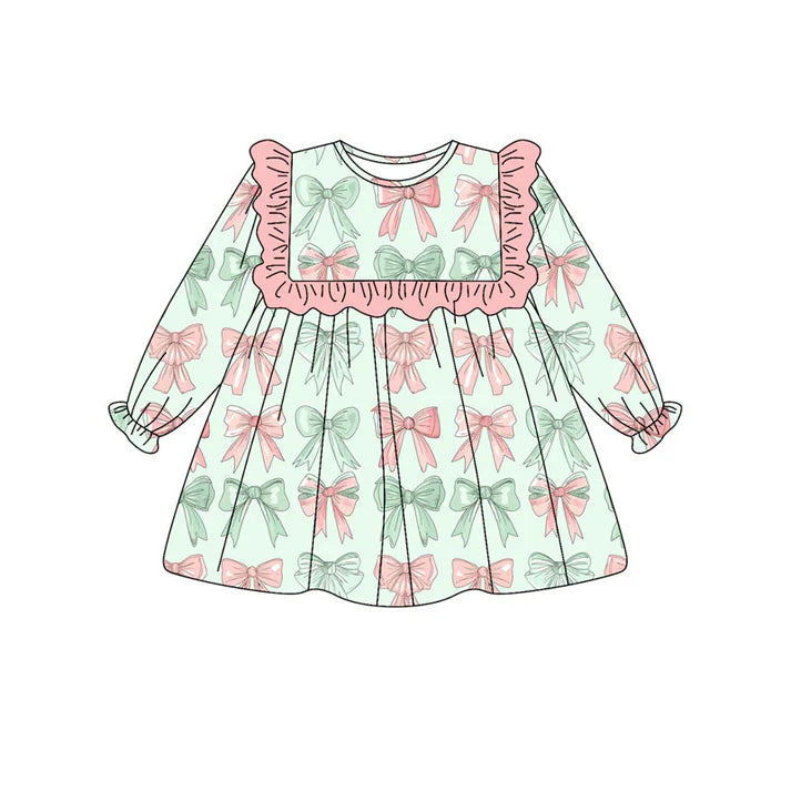 Preorder(moq 8)Baby Girls Pink Green Bows Stripe Knee Length Dresses 9.26