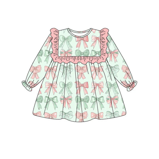 Preorder(moq 8)Baby Girls Pink Green Bows Stripe Knee Length Dresses 9.26