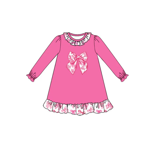 Preorder (moq 5)Baby Girls Long Ruffle Sleeves Pink Floral Bows Knee Length Dresses 7.28