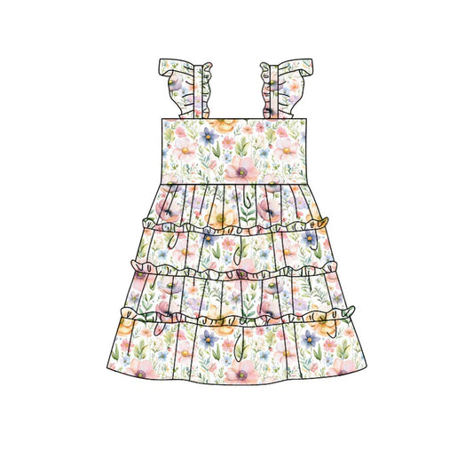 Preorder(moq 5) Baby Girls Flutter Sleeve Colorful Flowers Patchworks Knee Length Dresses 11.12