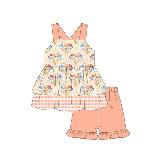 Preorder (moq 5)Baby Girls Pink Strap Floral Plaid Tunic Ruffle Short Set 4.26