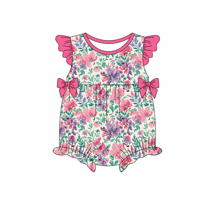 Preorder moq 5 Baby Girls Pink Flutter Sleeves Bows Colorful Floral Ruffle Rompers 4.17
