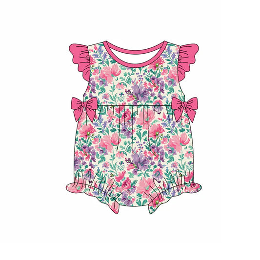 Preorder moq 5 Baby Girls Pink Flutter Sleeves Bows Colorful Floral Ruffle Rompers 4.17