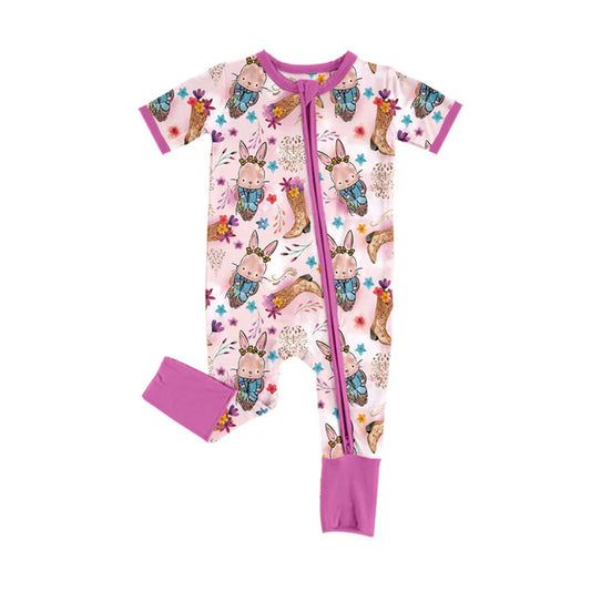 Preorder (moq 8)Baby Girls Rabbits Boots Flowers Easter Zipper Footie Rompers 9.30