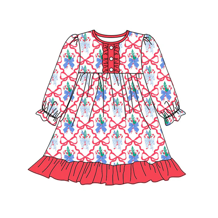 Preorder (moq 5)Baby Girls Long Ruffle Sleeves Red Bows Candy Cane Button Knee Length Dresses 5.20