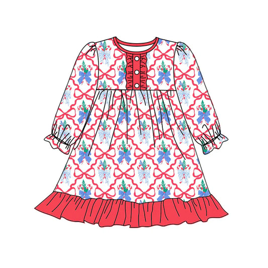 Preorder (moq 5)Baby Girls Long Ruffle Sleeves Red Bows Candy Cane Button Knee Length Dresses 5.20