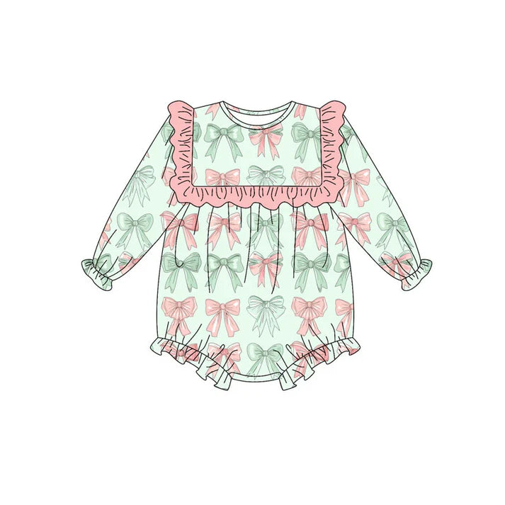 Preorder (moq 8)Baby Girls Pink Green Bows Stripe Ruffle Rompers 9.26