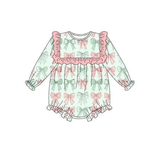 Preorder (moq 8)Baby Girls Pink Green Bows Stripe Ruffle Rompers 9.26