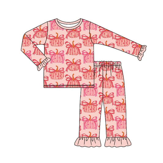 Preorder (moq 5)Baby Girls Peach Long Ruffle Sleeves Bows Pumpkins Top Pant Pajamas Set 6.17
