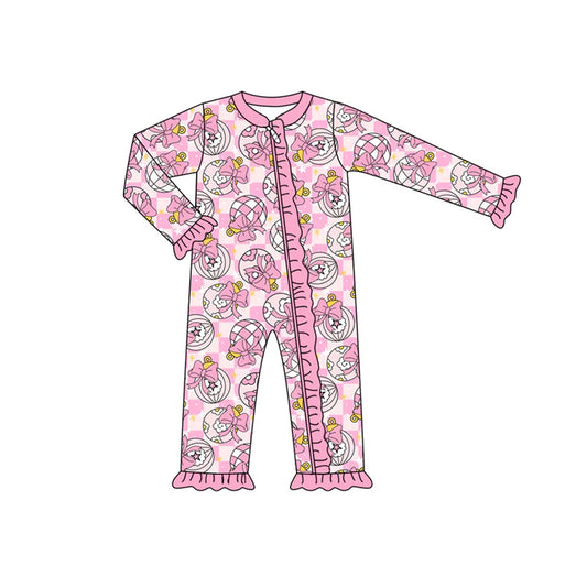 Preorder (moq 5)Baby Girls Pink Long Ruffle Sleeves Bows Ball Plaid Zipper Pant Rompers 6.13