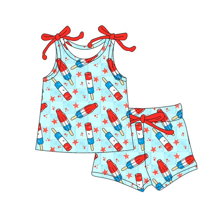 Preorder moq 5 Baby Girls Bows Sleeveless Stars Popsicle Top Short 4th Of July Set 4.16