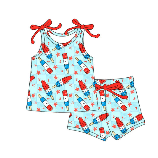 Preorder moq 5 Baby Girls Bows Sleeveless Stars Popsicle Top Short 4th Of July Set 4.16