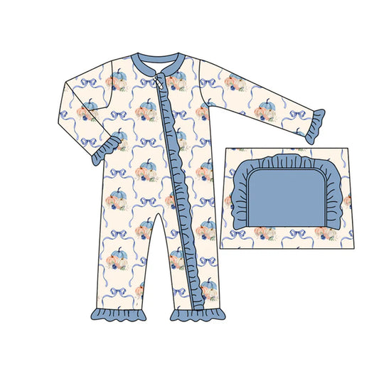 Preorder moq 5 Baby Infant Girls Long Sleeves Blue Bows Pumpkins Plaid Ruffle Zipper Romper 7.14