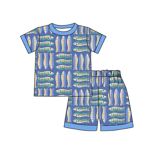 Preorder moq 5 Baby Boys Lavender Short Sleeves Fishing Top Short Pajamas Set 4.14