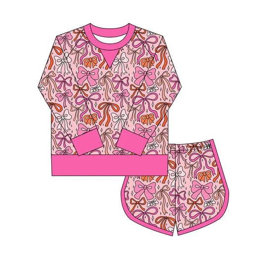 Preorder(moq 8)Baby Girls Pink Orange Bows Plaid Long Sleeve Top Shorts Clothes Set 9.27