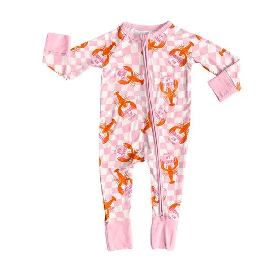 Preorder (moq 8)Baby Girls Pink Checked Crayfishes Zipper Footie Rompers 9.15