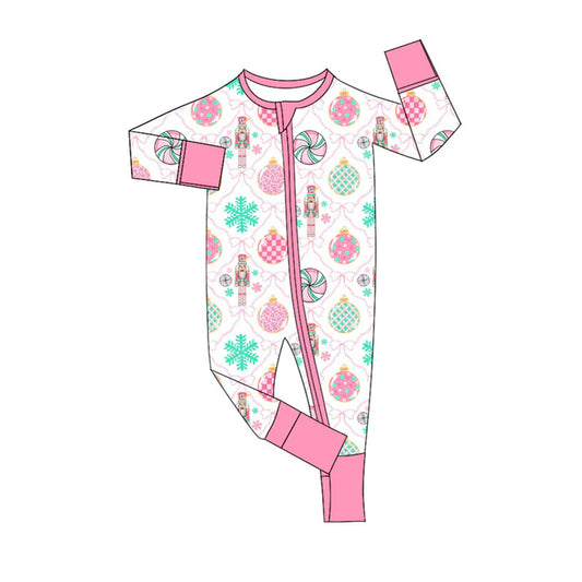 Preorder (moq 8)Baby Girls Pink Bows Soldiers Christmas Zipper Footie Rompers 9.10