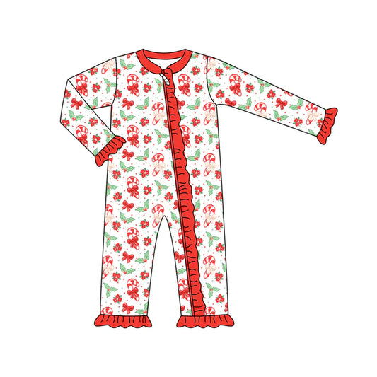 Preorder (moq 5)Baby Girls Long Sleeves Red Holly Bows Candy Cane Ruffle Zipper Romper 7.3