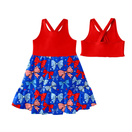 Preorder (moq 5)Baby Girls Sleeveless Red Blue Bows Stars Patchwork 4th Of July Knee Length Dress 4.24
