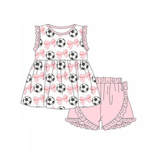 Preorder (moq 5)Baby Girls Pink Sleeveless Bows Footballs Tunic Ruffle Shorts Set 4.23