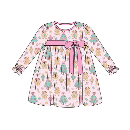 Preorder (moq 5)Baby Girls Pink Long Ruffle Sleeves Trees Gingerbread Knee Length Dresses 5.29