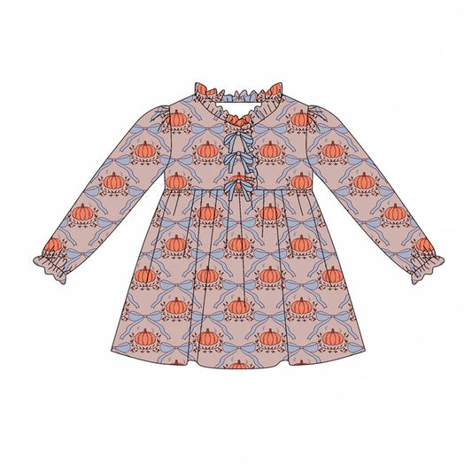 preorder(moq 5) Baby Girls Long Ruffle Sleeves Bows Pumpkins Plaid Knee Length Dresses 7.25