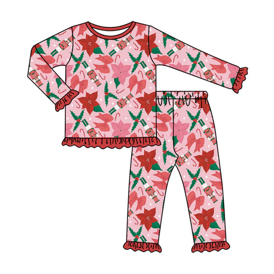 Preorder (moq 8)Baby Girls Red Soldiers Holly Bows Top Ruffle Pants Christmas Pajamas Sets 9.23