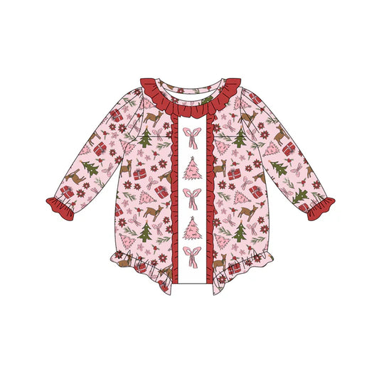 Preorder (moq 5)Baby Girls Long Sleeves Pink Bows Trees Deer Plaid Ruffle Romper 7.3