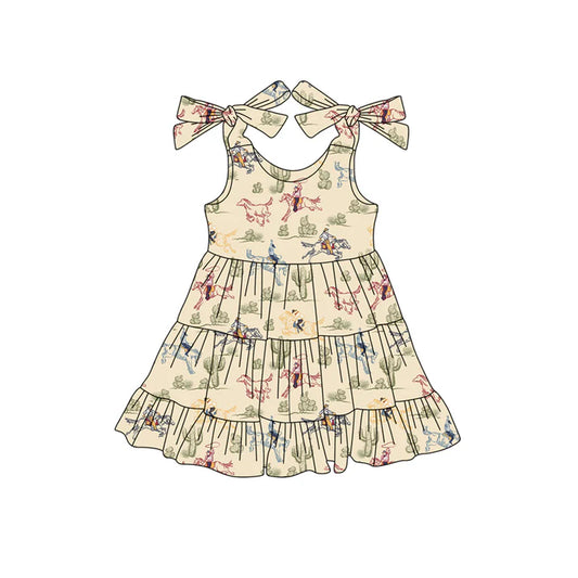 Preorder (moq 5)Baby Girls Khaki Strap Horse Rodeo Cactus Knee Length Dresses 4.24