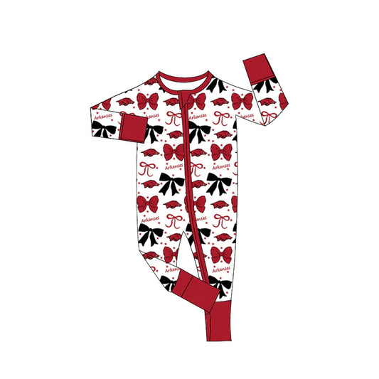 Preorder(moq 5)Baby Girls Red Arkansas Bows Zipper Footie Rompers 8.29