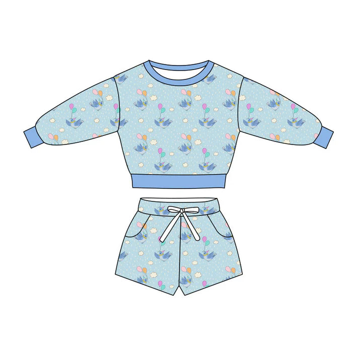 Preorder(moq 5) Baby Boys Blue Birds Balloons Long Sleeve Pockets Shorts Clothes Sets 10.27