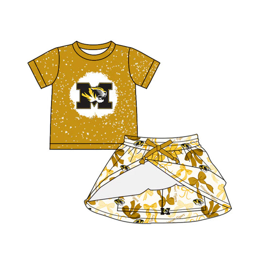 Preorder (moq 5)Baby Girls Yellow Short Sleeves M Tiger Top Bows Plaid Skorts Team Set 6.14
