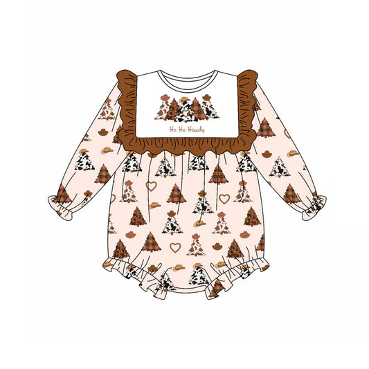 Preorder (moq 5)Baby Girls Long Sleeves Brown Hats Trees Ruffle Rompers 5.17