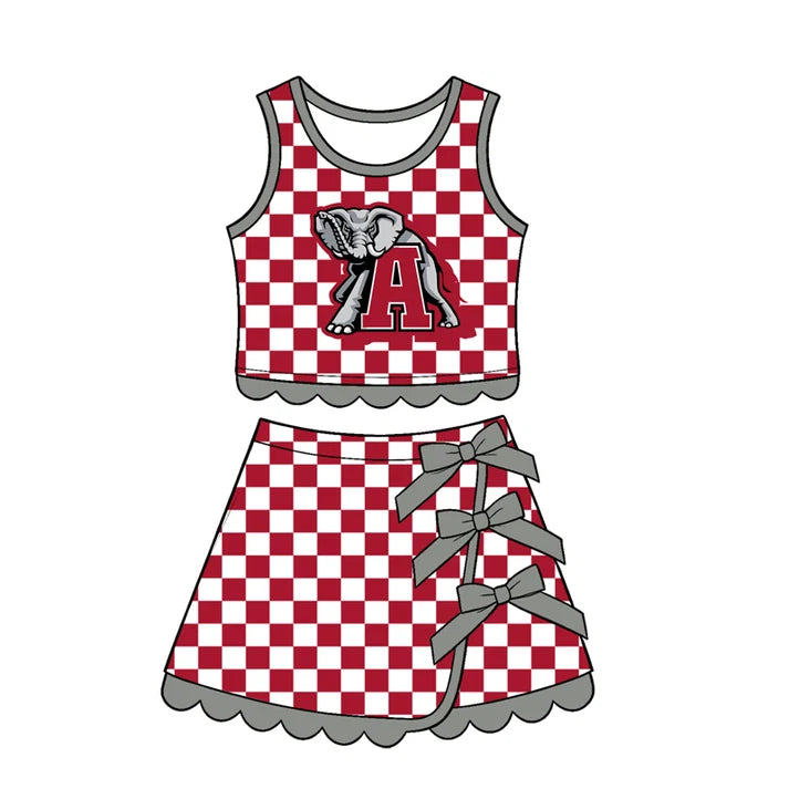 Preorder Baby Girls Red Checked Alabama Top Bows Skirt Short Scallop Clothes Set GSD4284