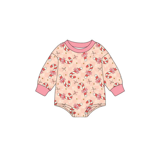 Preorder (moq 5)Baby Girls Long Sleeves Peach Bows Candy Cane Stars Plaid Romper 7.3